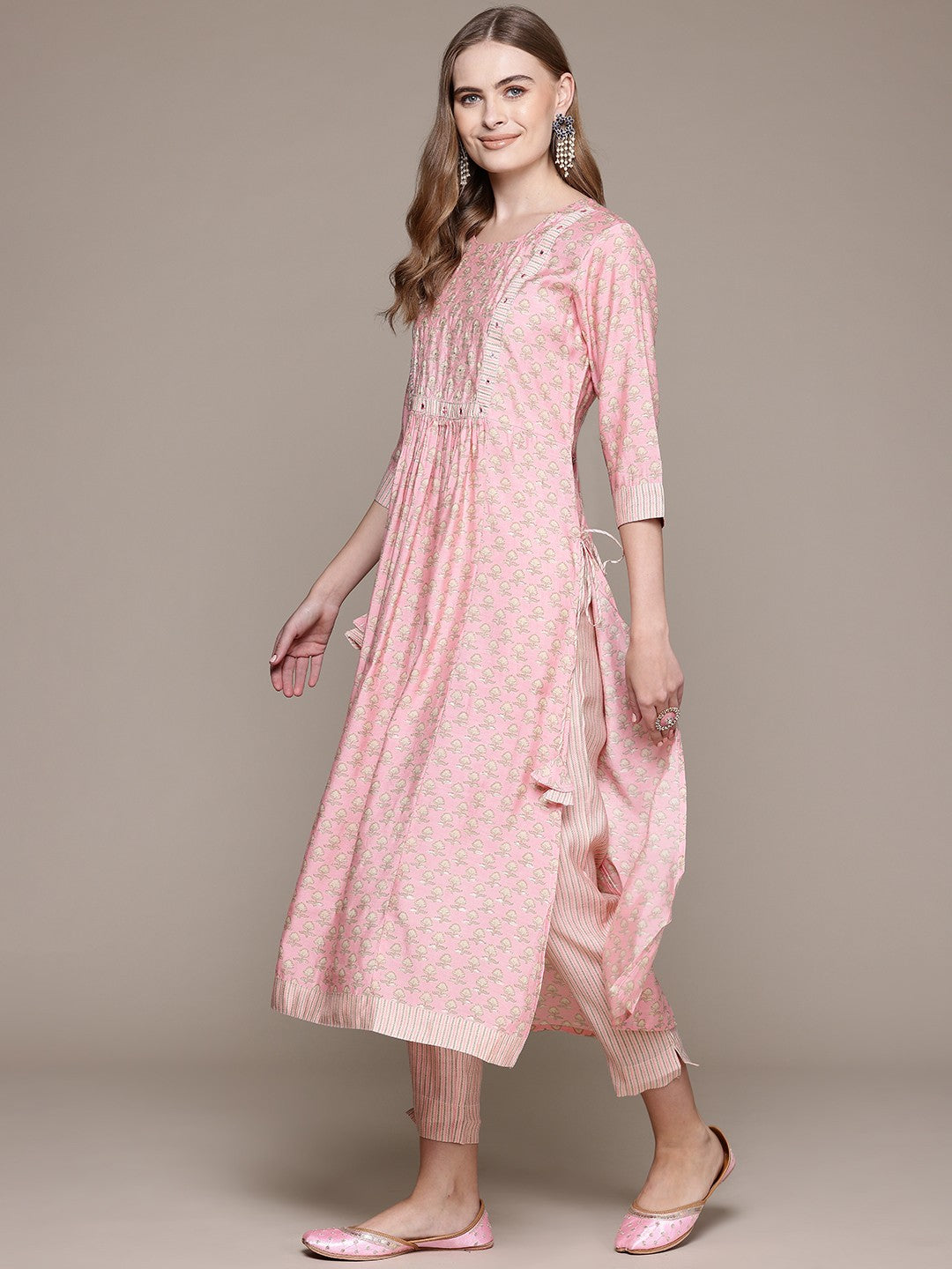 Flared Style Silk Fabric Pink Color Kurta With Bottom