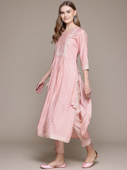 Flared Style Silk Fabric Pink Color Kurta With Bottom