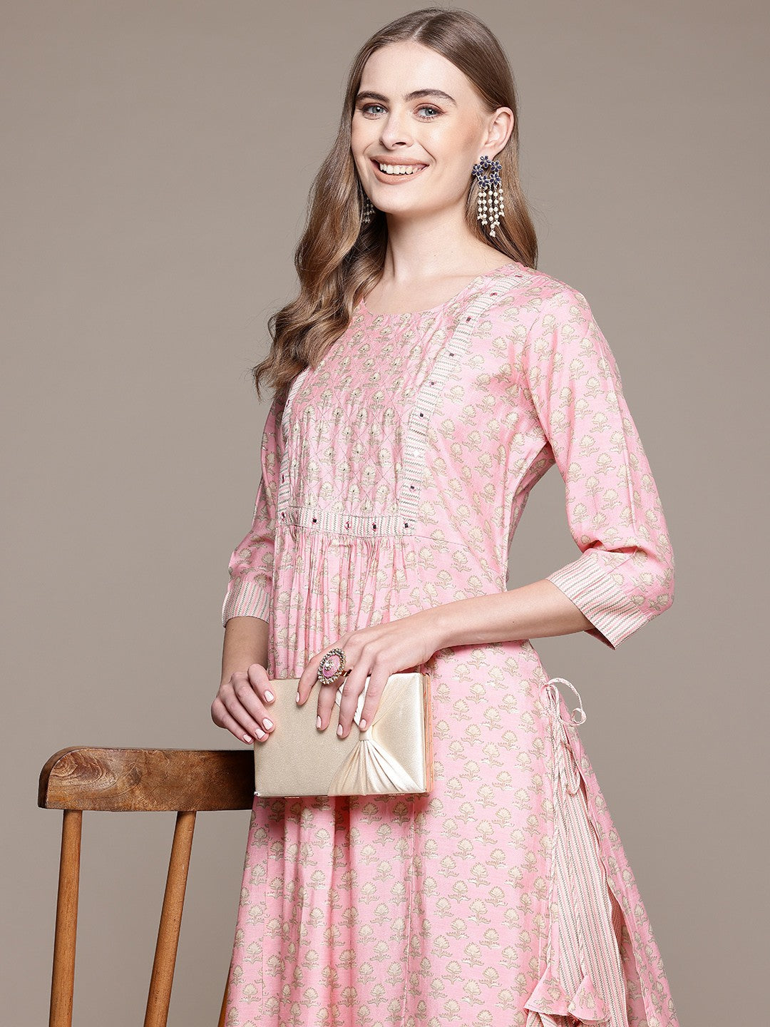 Flared Style Silk Fabric Pink Color Kurta With Bottom