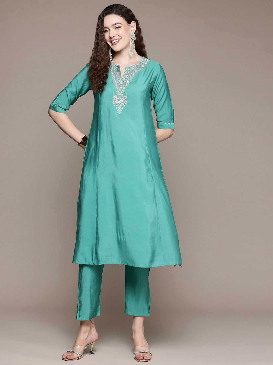 Straight Style Silk Fabric Turquoise Blue Color Kurta With Bottom