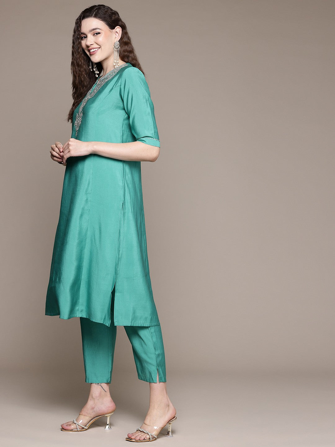 Straight Style Silk Fabric Turquoise Blue Color Kurta With Bottom