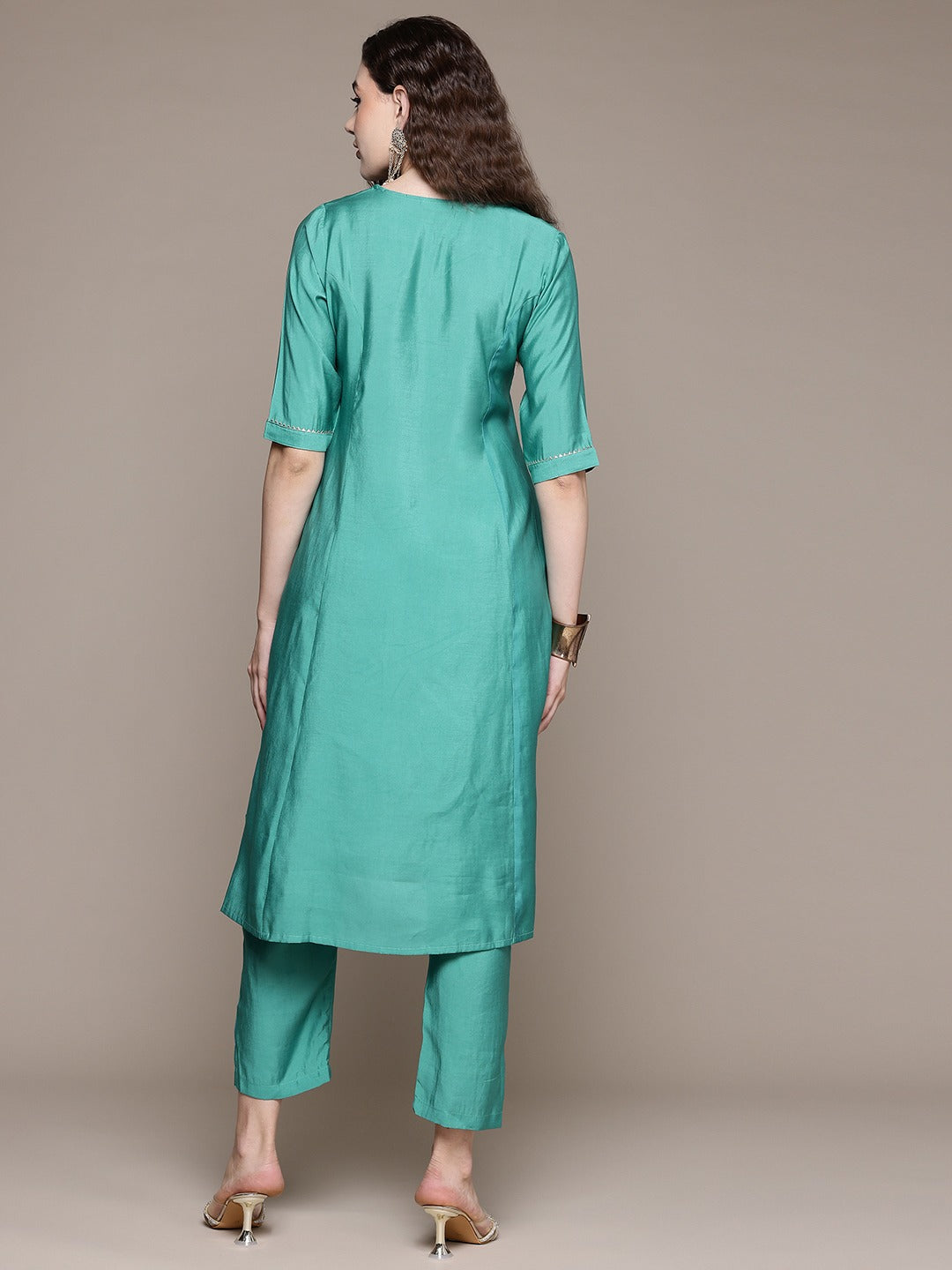 Straight Style Silk Fabric Turquoise Blue Color Kurta With Bottom