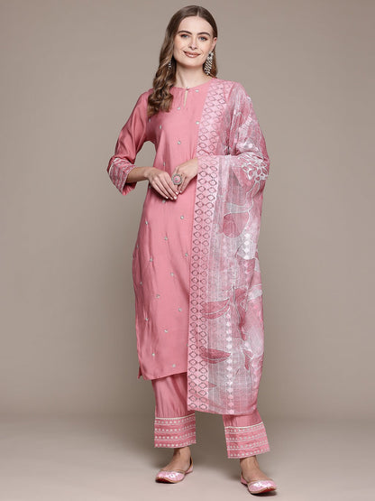 Straight Style Silk Fabric Mauve Color Kurta With Bottom And Dupatta