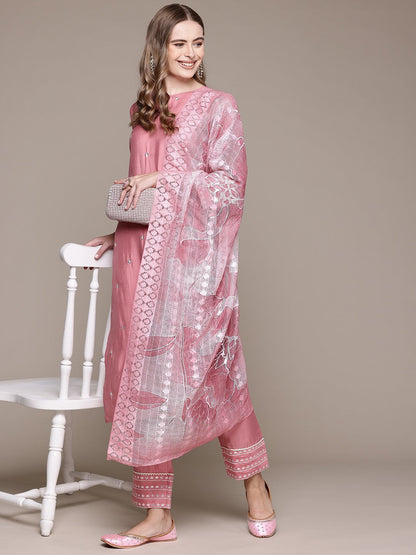 Straight Style Silk Fabric Mauve Color Kurta With Bottom And Dupatta