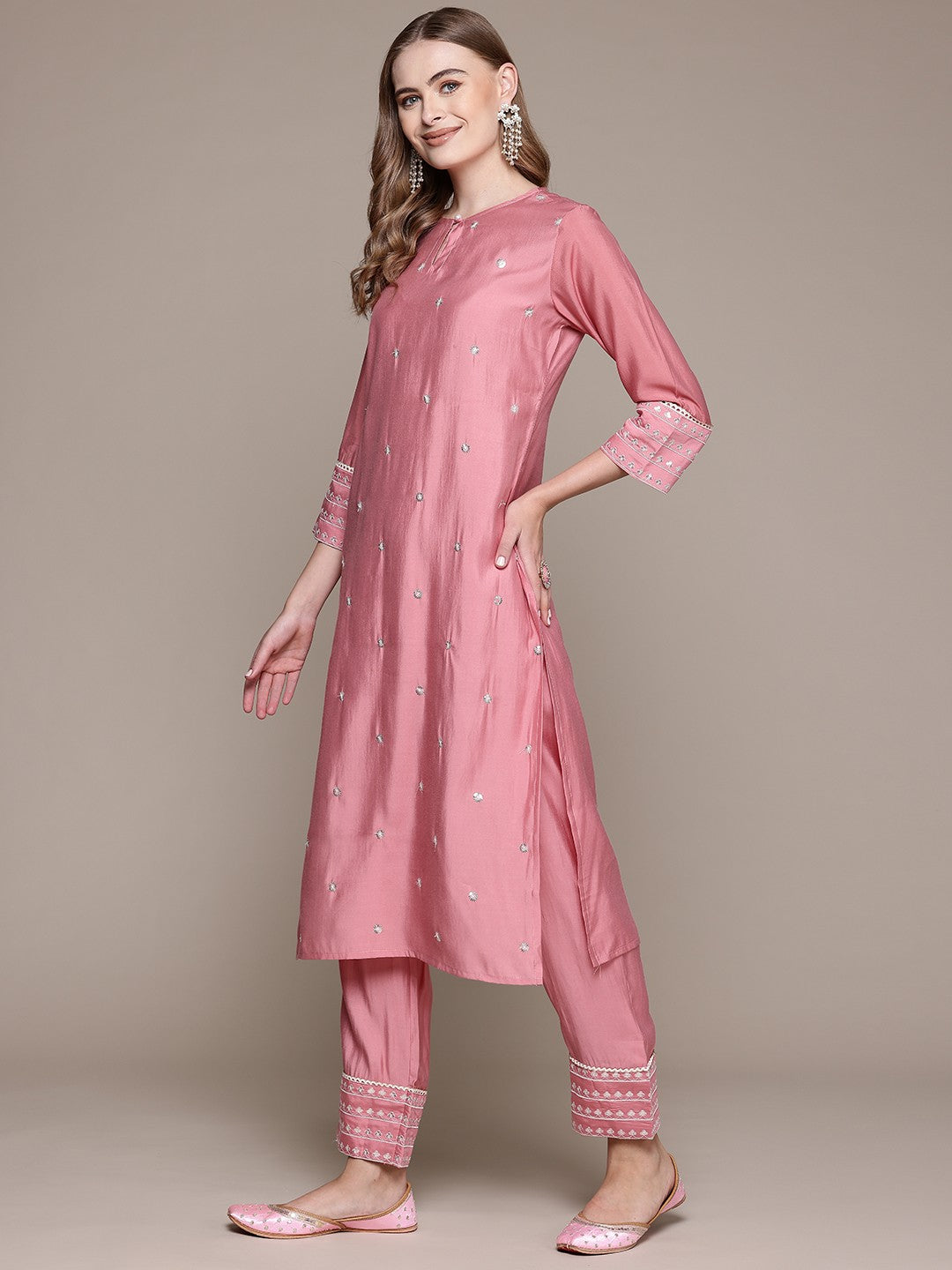 Straight Style Silk Fabric Mauve Color Kurta With Bottom And Dupatta