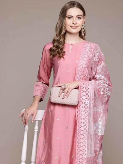 Straight Style Silk Fabric Mauve Color Kurta With Bottom And Dupatta