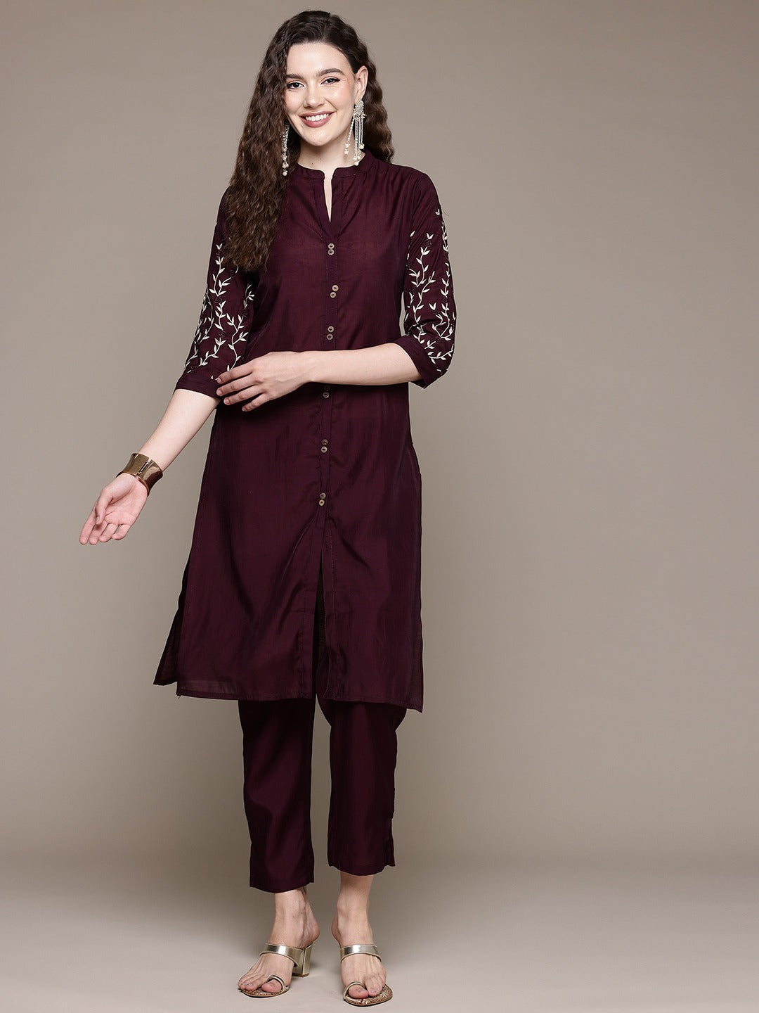 Straight Style Silk Fabric Violet Color Kurta And Bottom