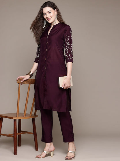 Straight Style Silk Fabric Violet Color Kurta And Bottom