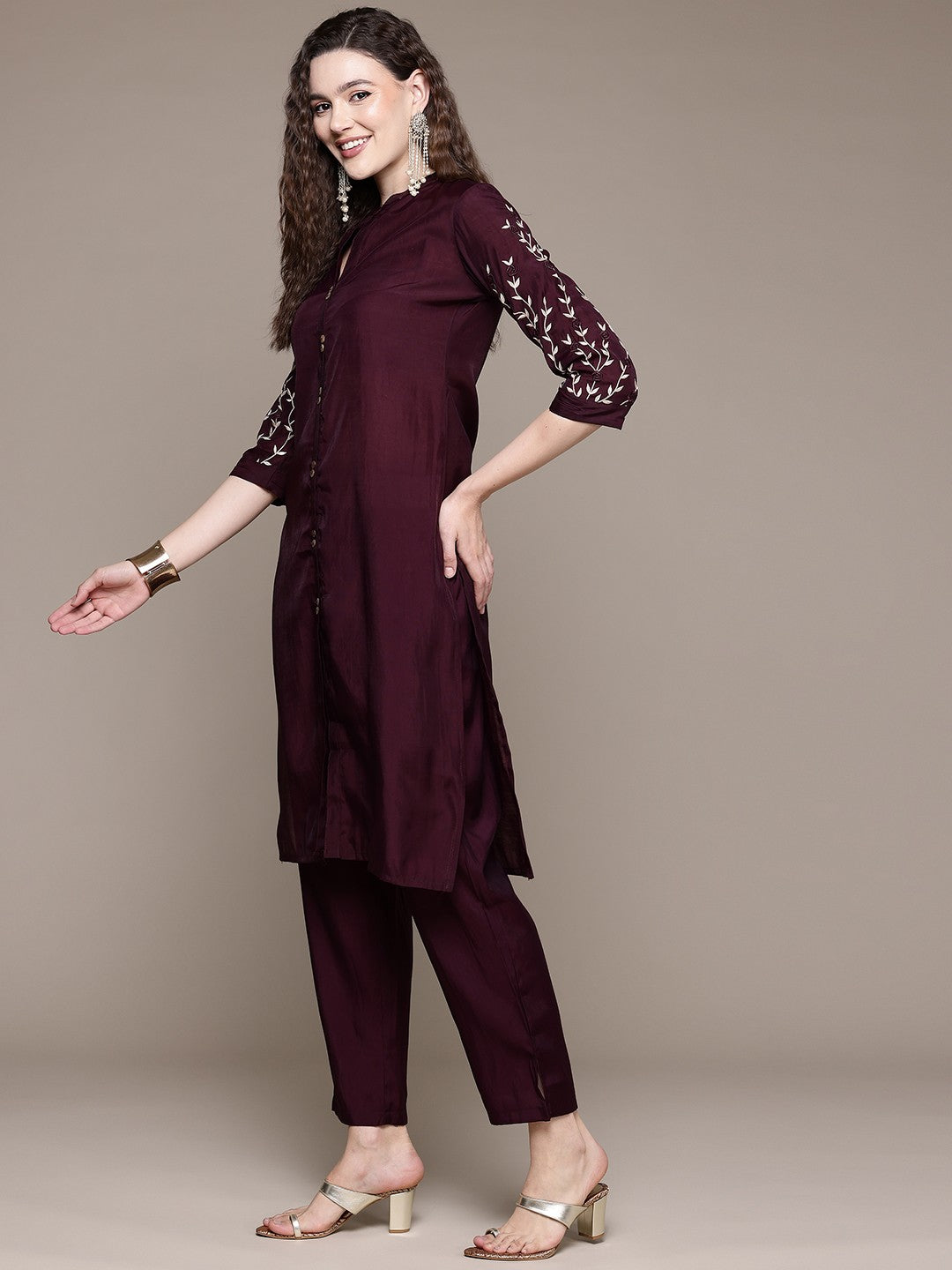 Straight Style Silk Fabric Violet Color Kurta And Bottom