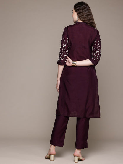 Straight Style Silk Fabric Violet Color Kurta And Bottom