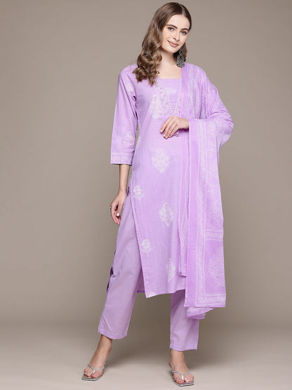 Straight Style Cotton Fabric Purple Color Kurta With Bottom And Dupatta