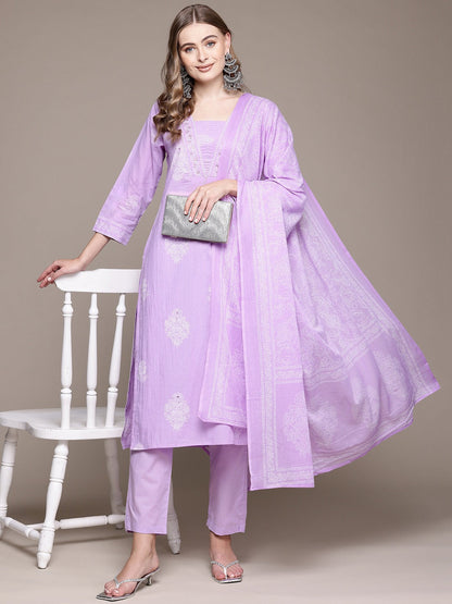 Straight Style Cotton Fabric Purple Color Kurta With Bottom And Dupatta