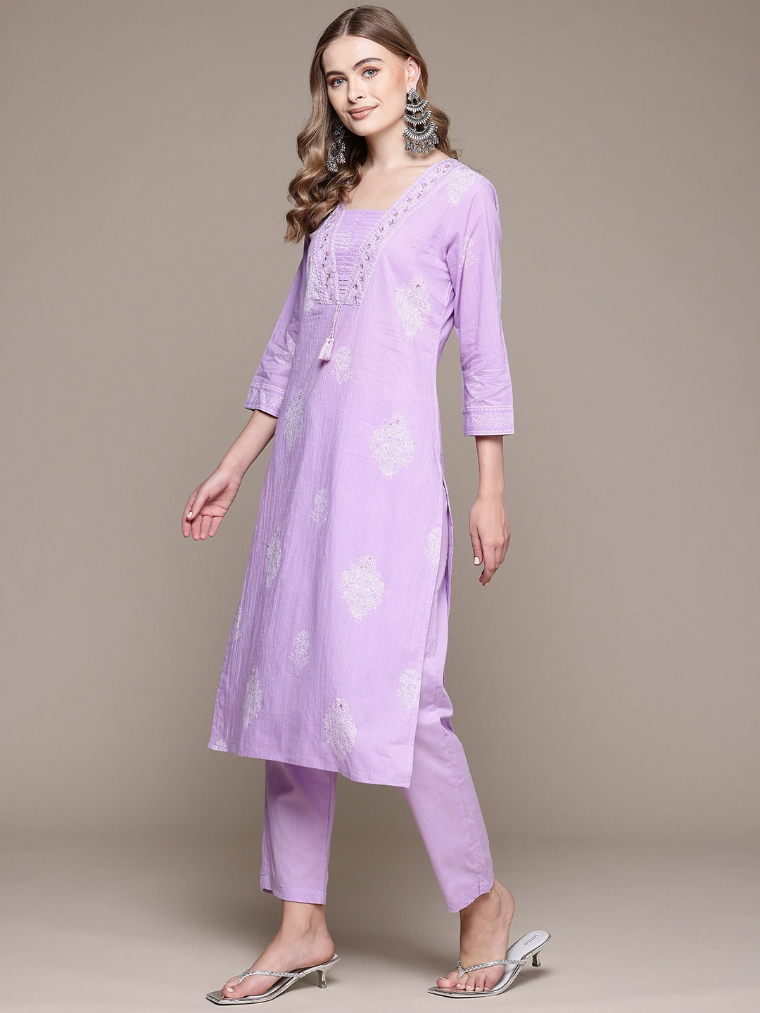 Straight Style Cotton Fabric Purple Color Kurta With Bottom And Dupatta