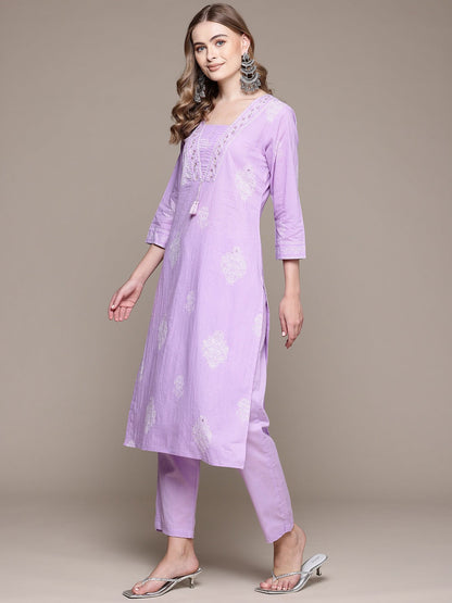 Straight Style Cotton Fabric Purple Color Kurta With Bottom And Dupatta