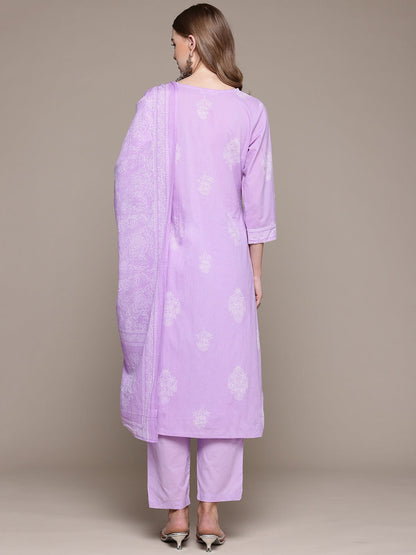 Straight Style Cotton Fabric Purple Color Kurta With Bottom And Dupatta