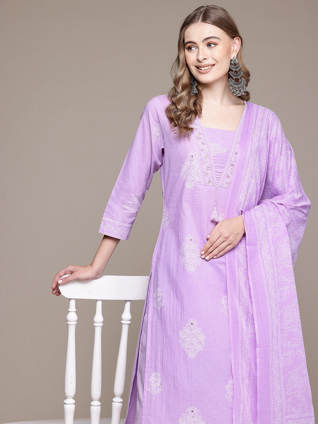 Straight Style Cotton Fabric Purple Color Kurta With Bottom And Dupatta