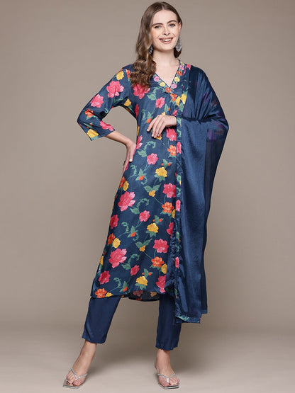 Straight Style Silk Fabric Blue Color Kurta With Bottom And Dupatta