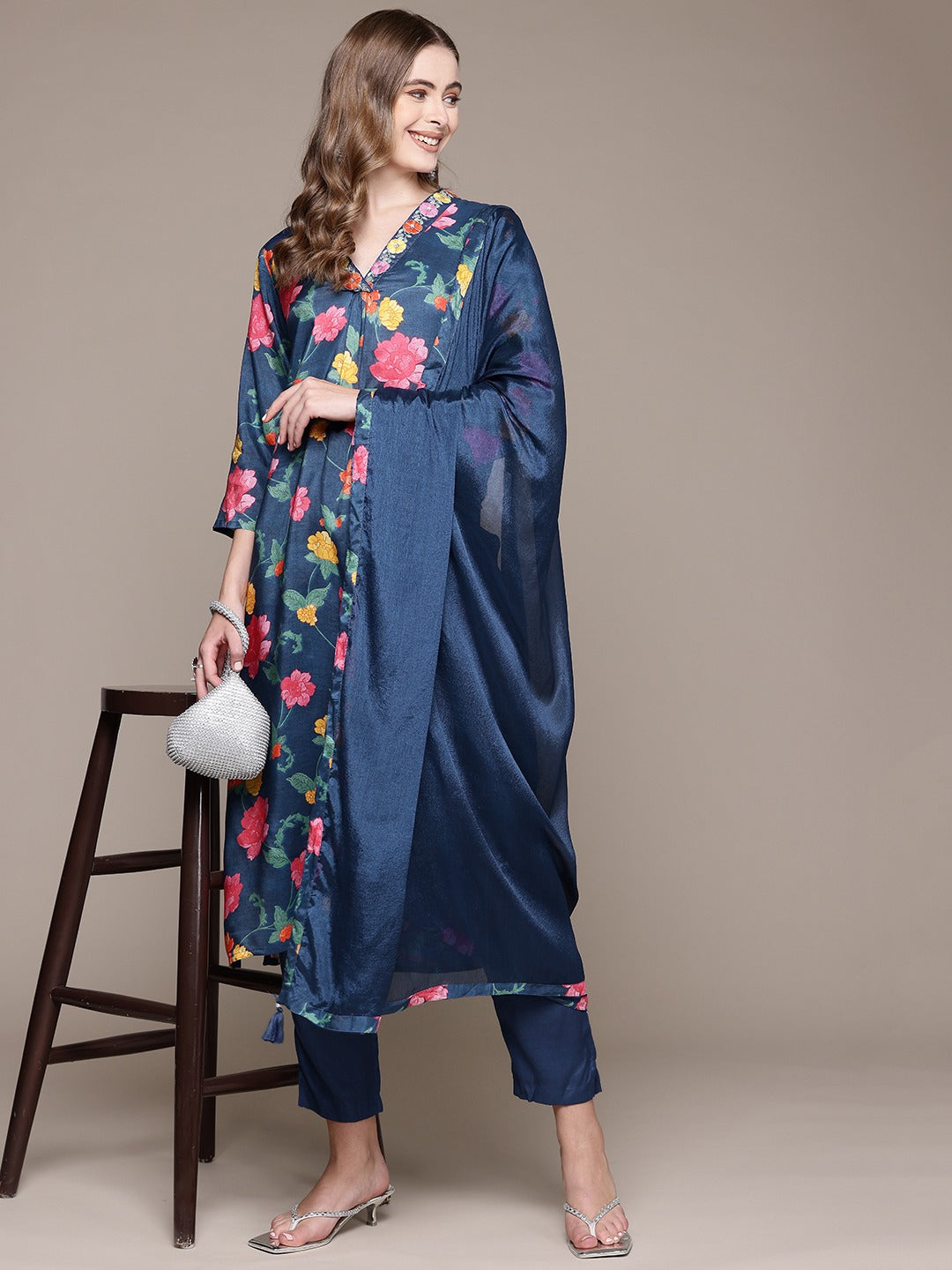 Straight Style Silk Fabric Blue Color Kurta With Bottom And Dupatta