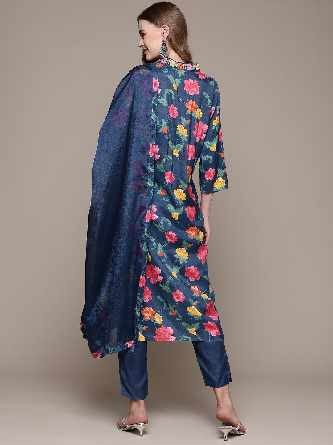 Straight Style Silk Fabric Blue Color Kurta With Bottom And Dupatta