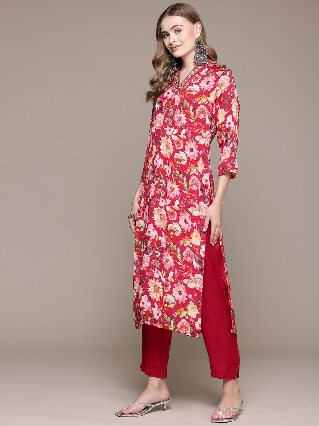 Straight Style Silk Fabric Pink Color Kurta With Bottom And Dupatta