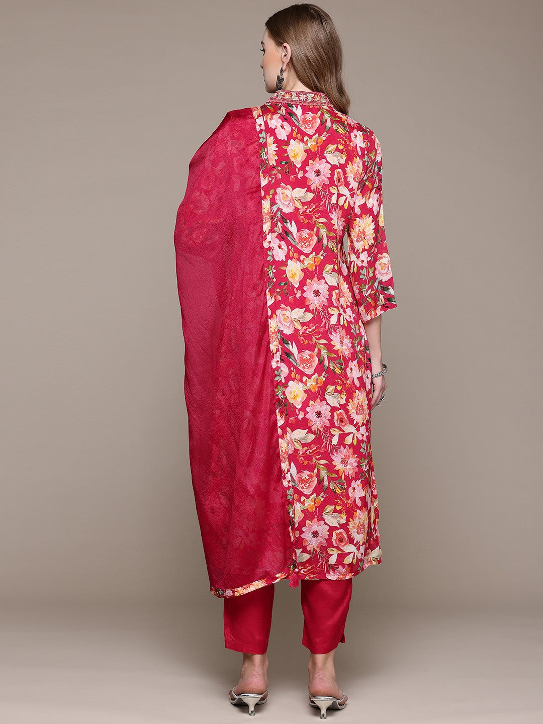 Straight Style Silk Fabric Pink Color Kurta With Bottom And Dupatta