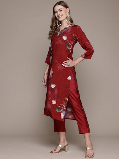 Straight Style Silk Fabric Maroon Color Kurta With Bottom And Dupatta