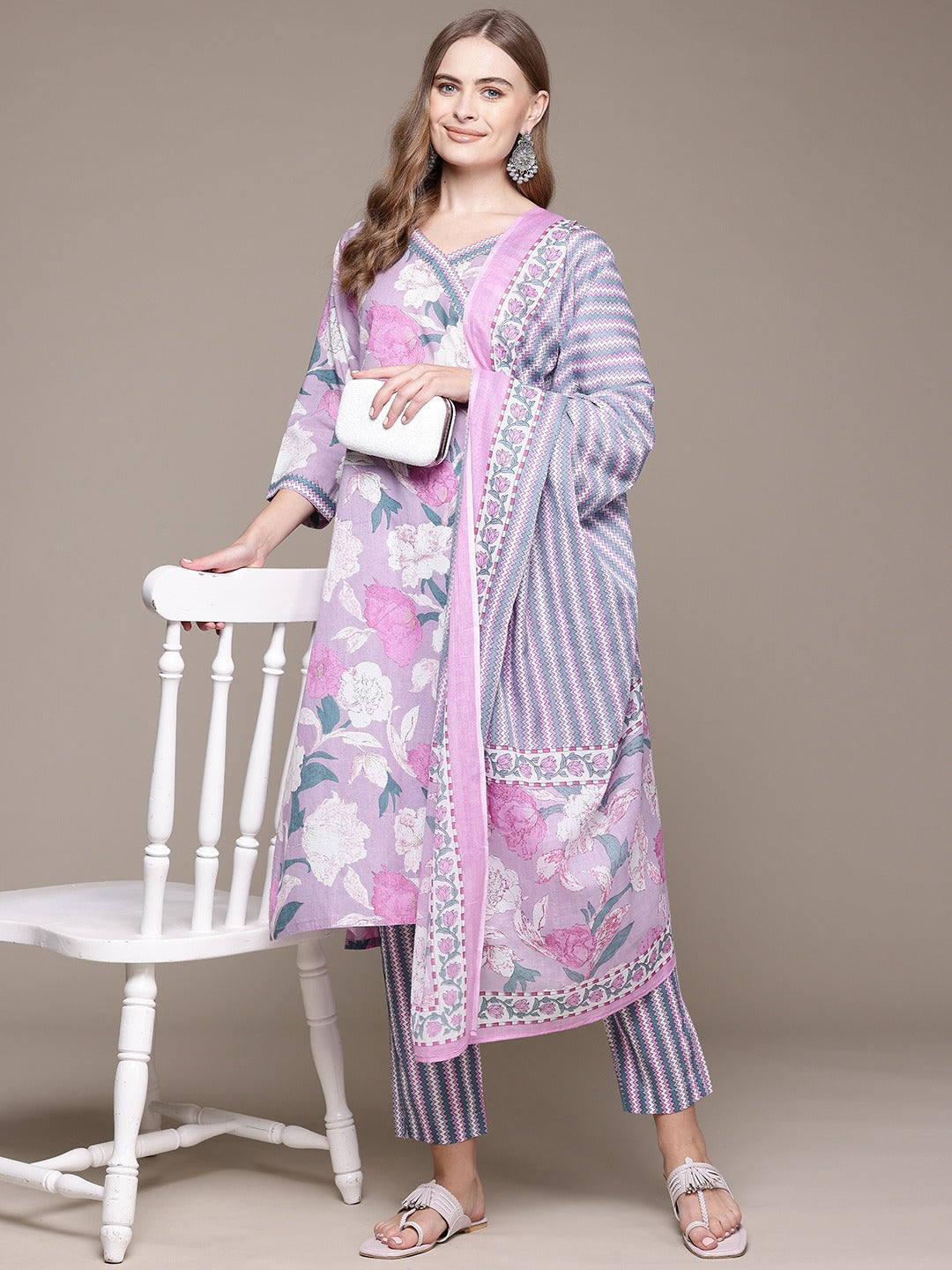 Straight Style Cotton Fabric Purple Color Kurta With Bottom And Dupatta