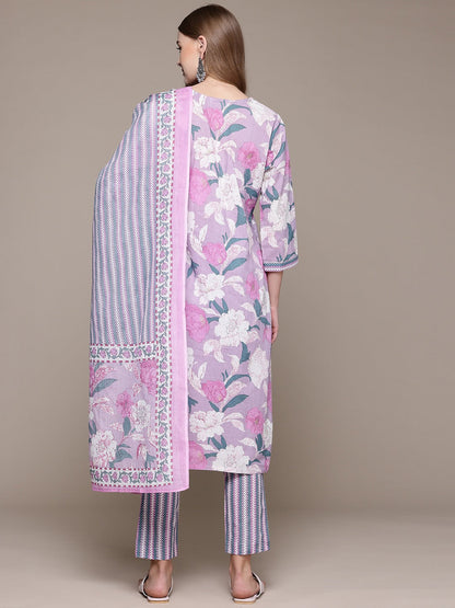 Straight Style Cotton Fabric Purple Color Kurta With Bottom And Dupatta