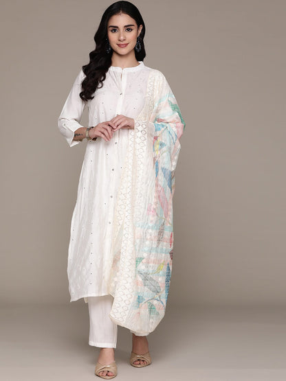 Straight Style Silk Fabric Off White Color Kurta With Bottom And Dupatta