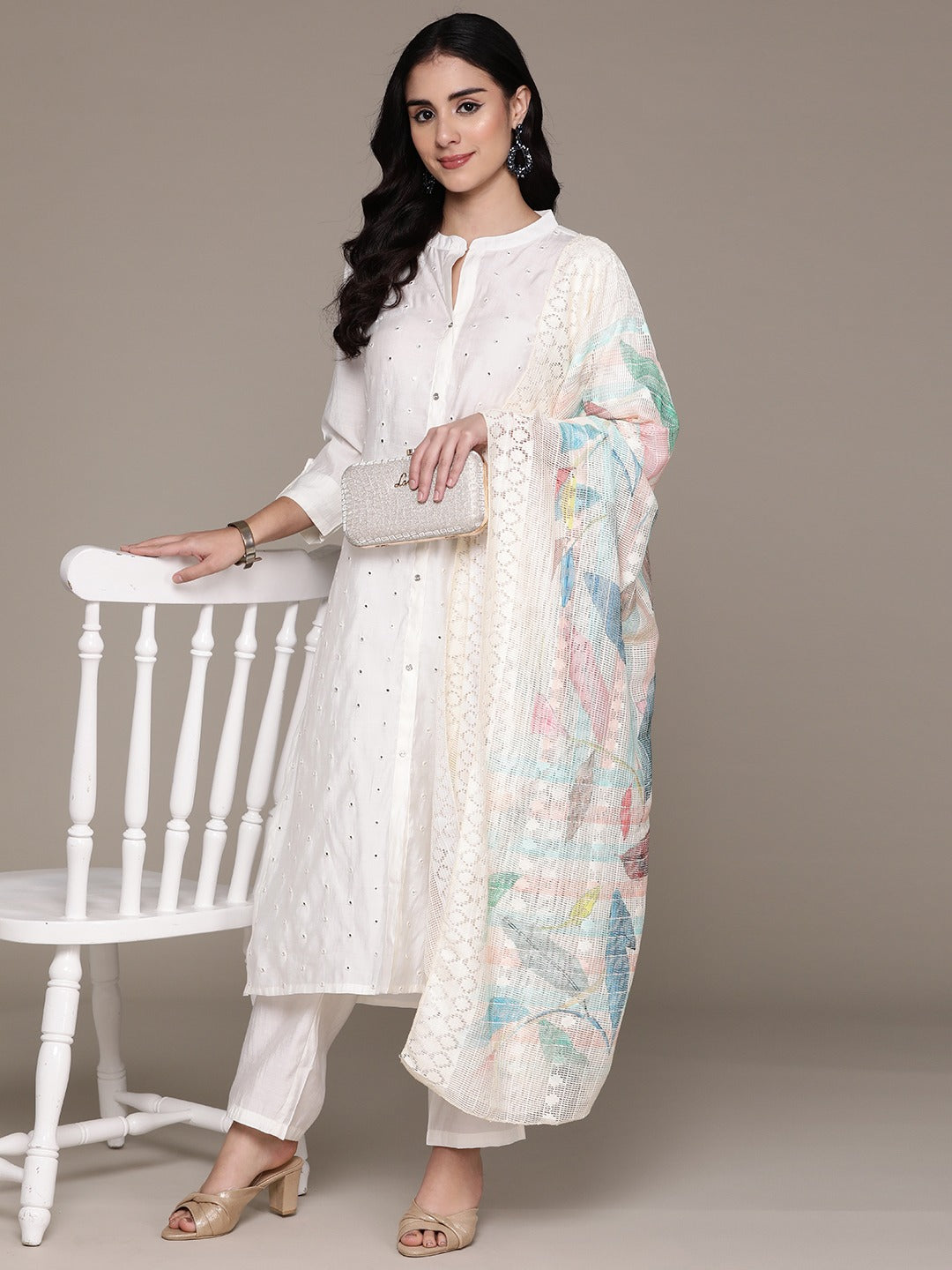 Straight Style Silk Fabric Off White Color Kurta With Bottom And Dupatta