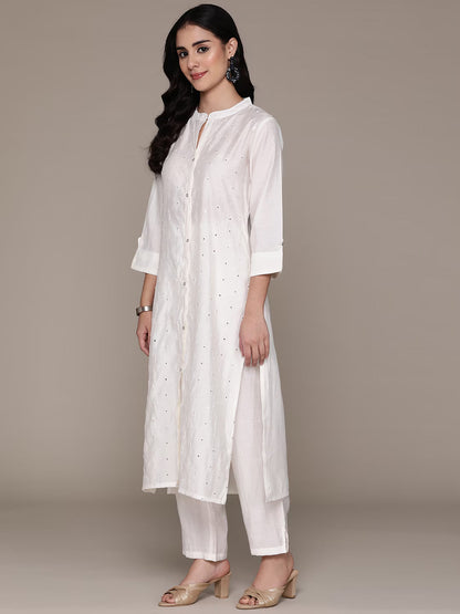 Straight Style Silk Fabric Off White Color Kurta With Bottom And Dupatta