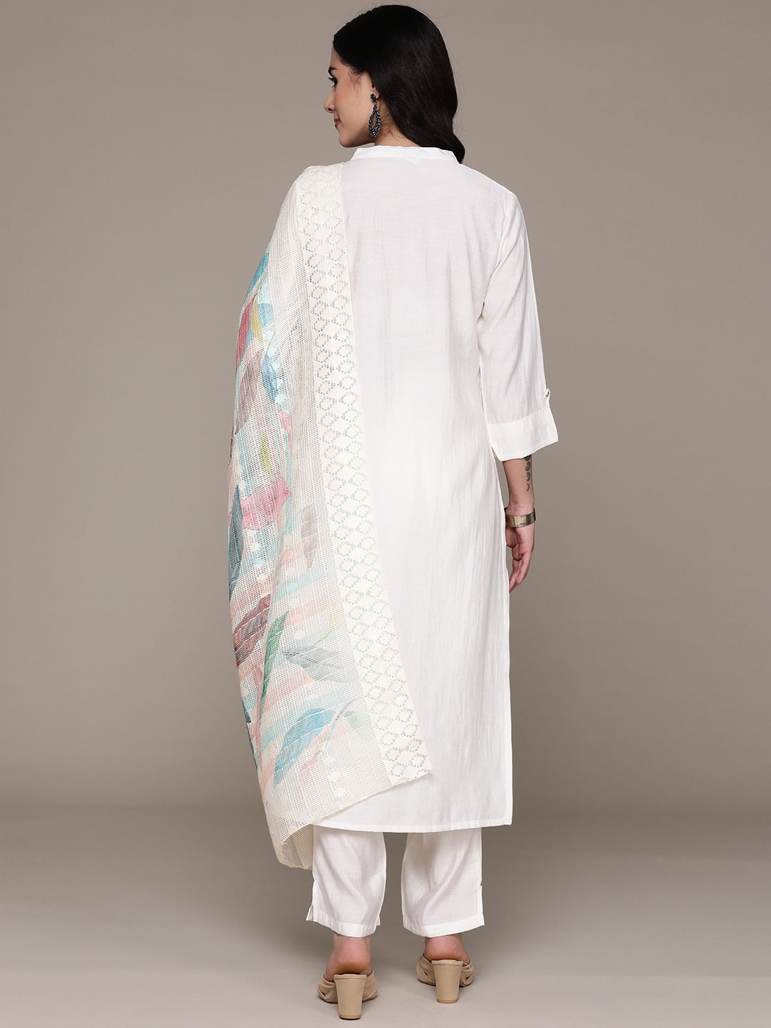 Straight Style Silk Fabric Off White Color Kurta With Bottom And Dupatta