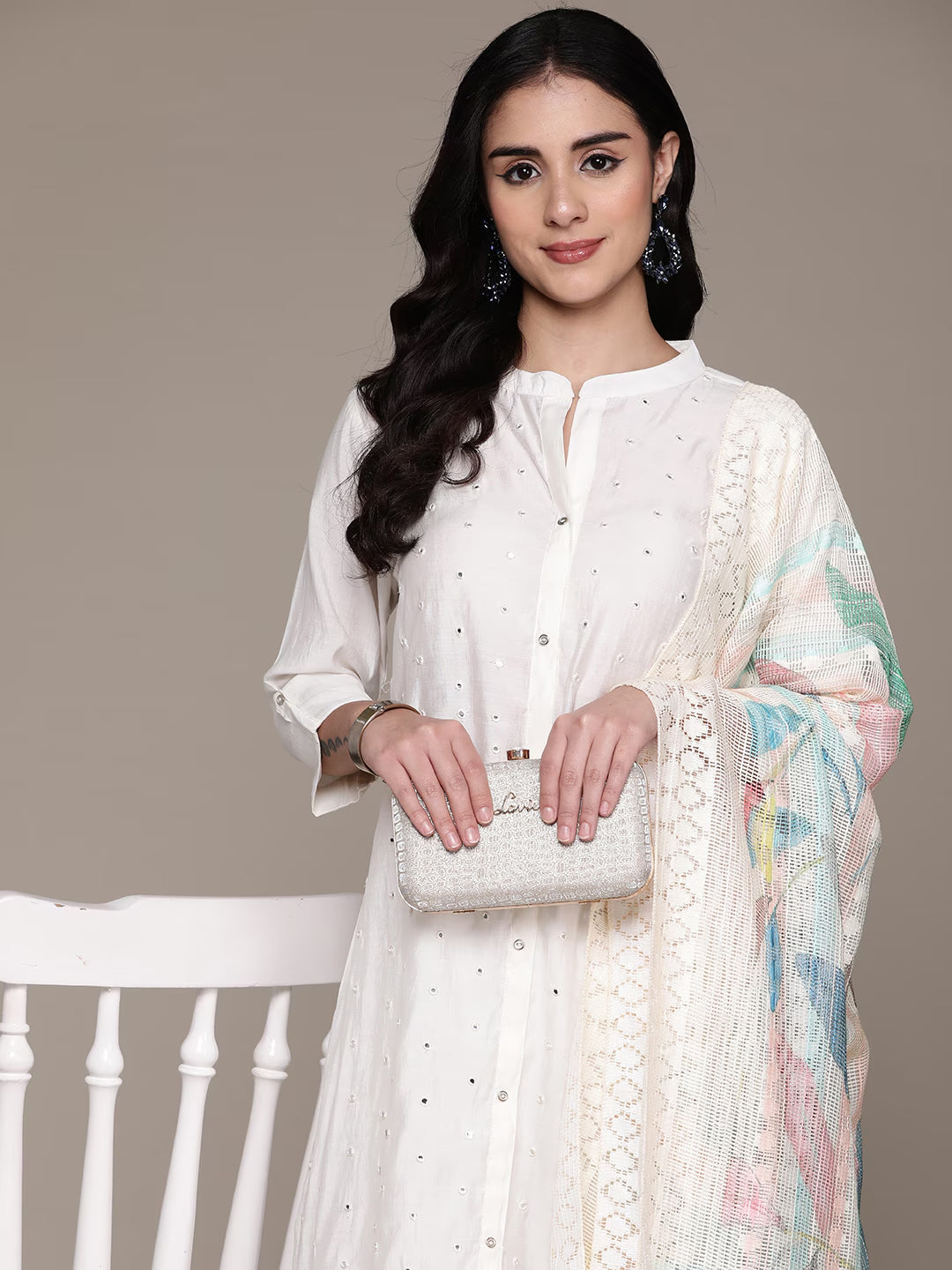 Straight Style Silk Fabric Off White Color Kurta With Bottom And Dupatta