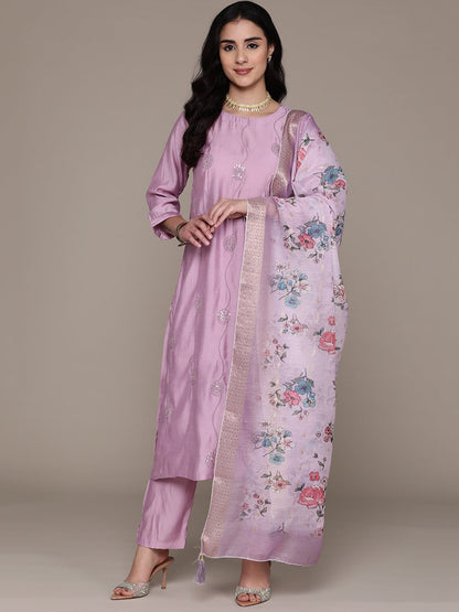 Straight Style Silk Fabric Mauve Color Kurta With Bottom And Dupatta