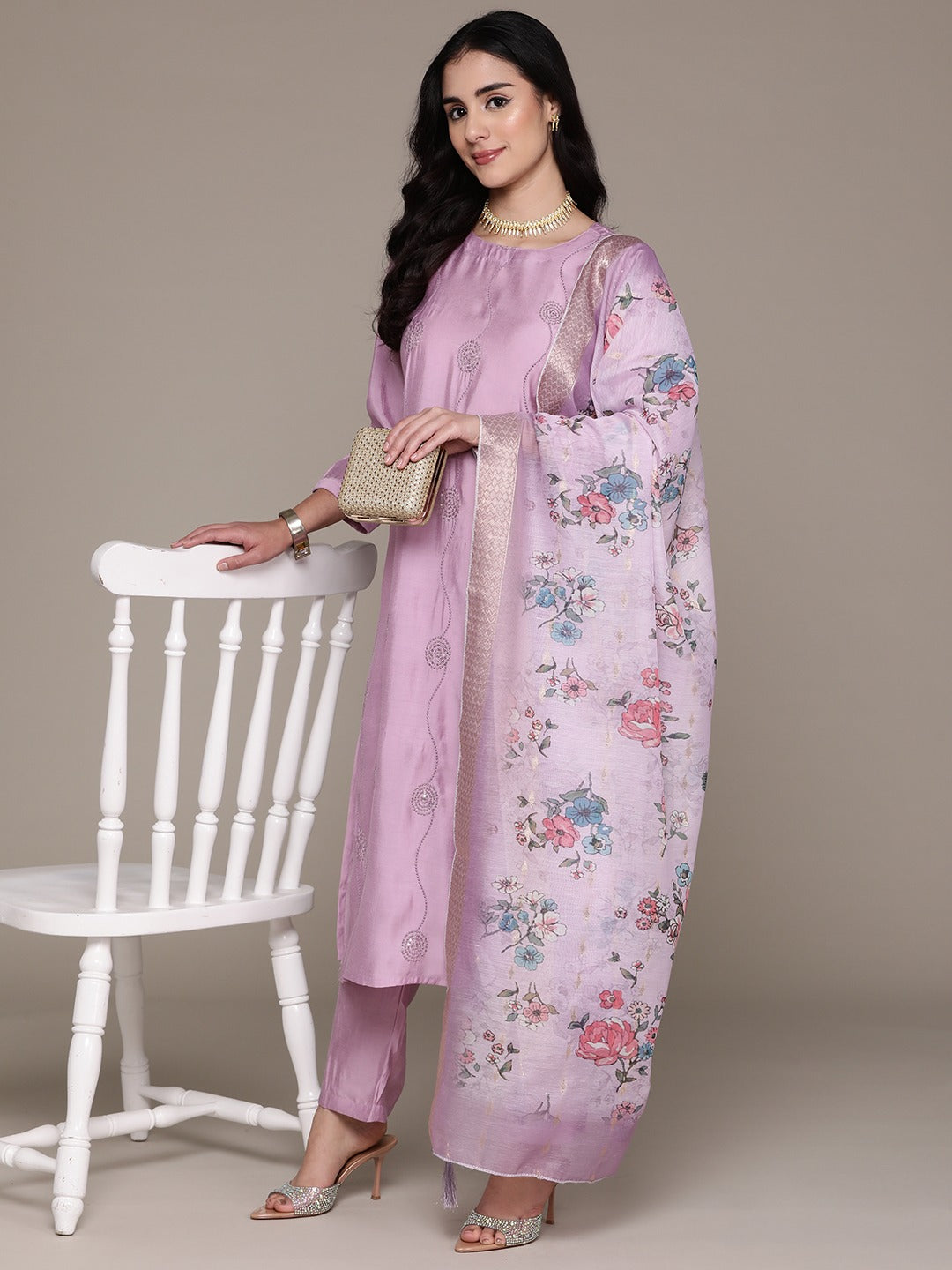 Straight Style Silk Fabric Mauve Color Kurta With Bottom And Dupatta