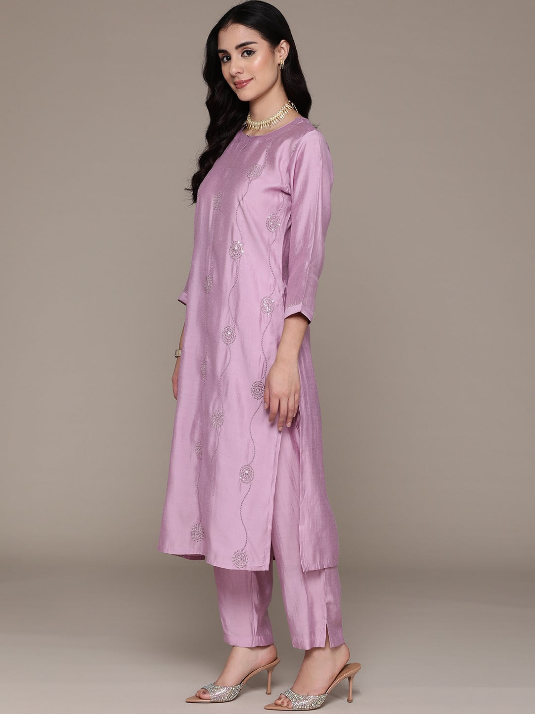 Straight Style Silk Fabric Mauve Color Kurta With Bottom And Dupatta