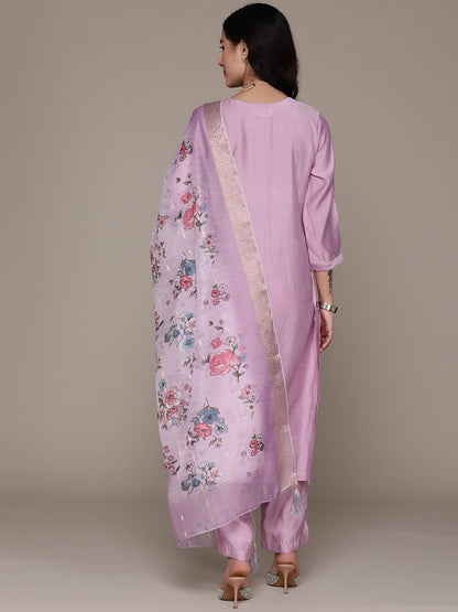 Straight Style Silk Fabric Mauve Color Kurta With Bottom And Dupatta