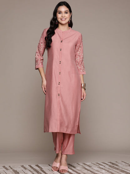 Straight Style Silk Fabric Peach Color Kurta And Bottom