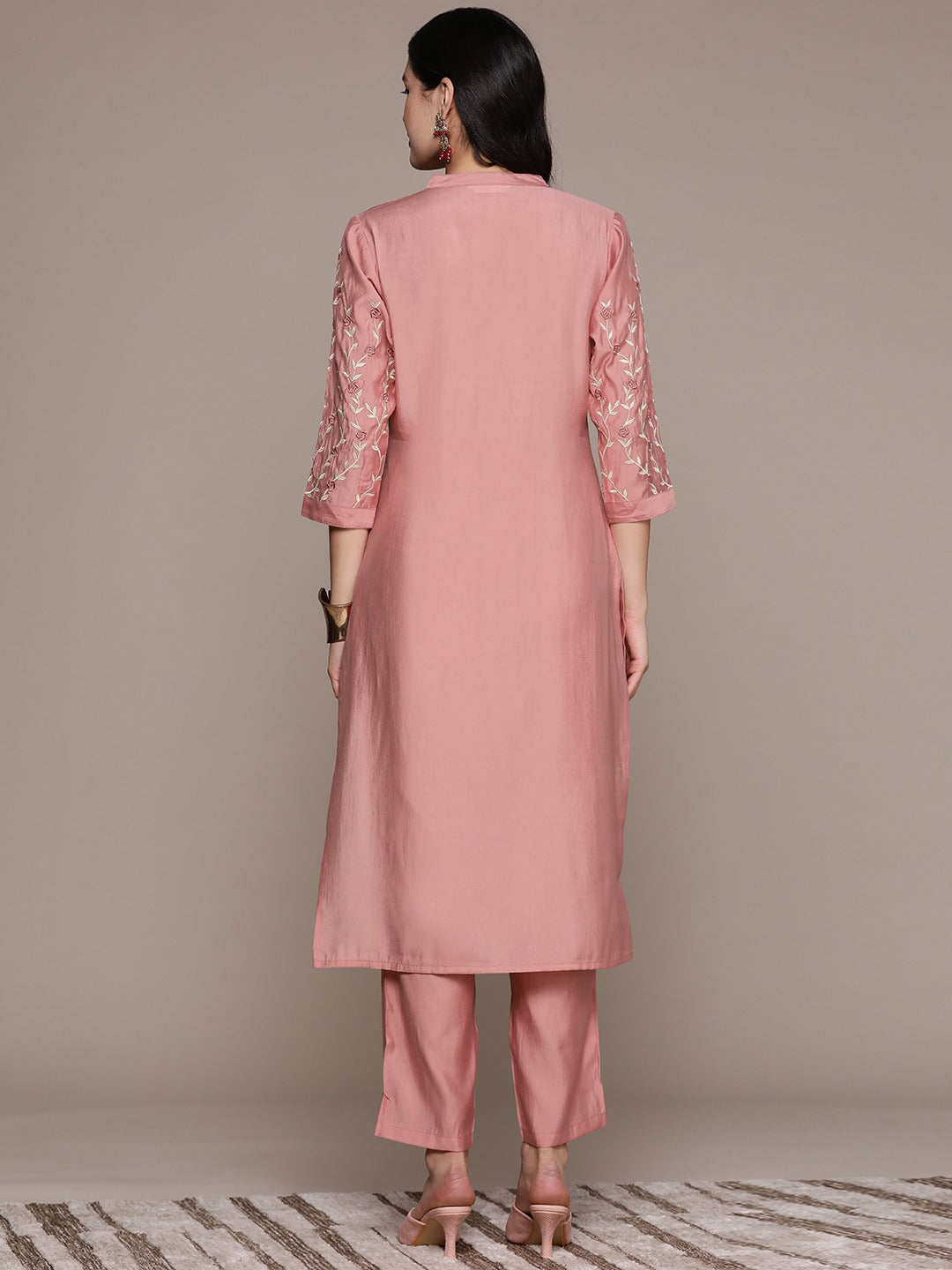 Straight Style Silk Fabric Peach Color Kurta And Bottom