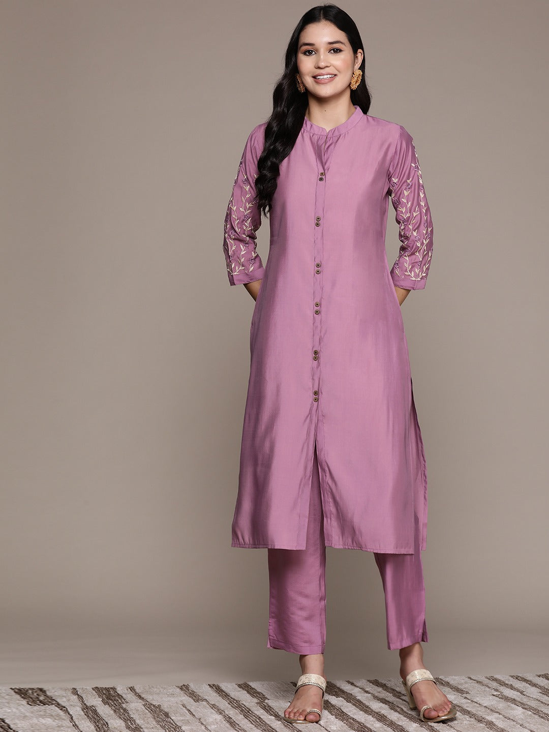 Straight Style Silk Fabric Mauve Color Kurta And Bottom