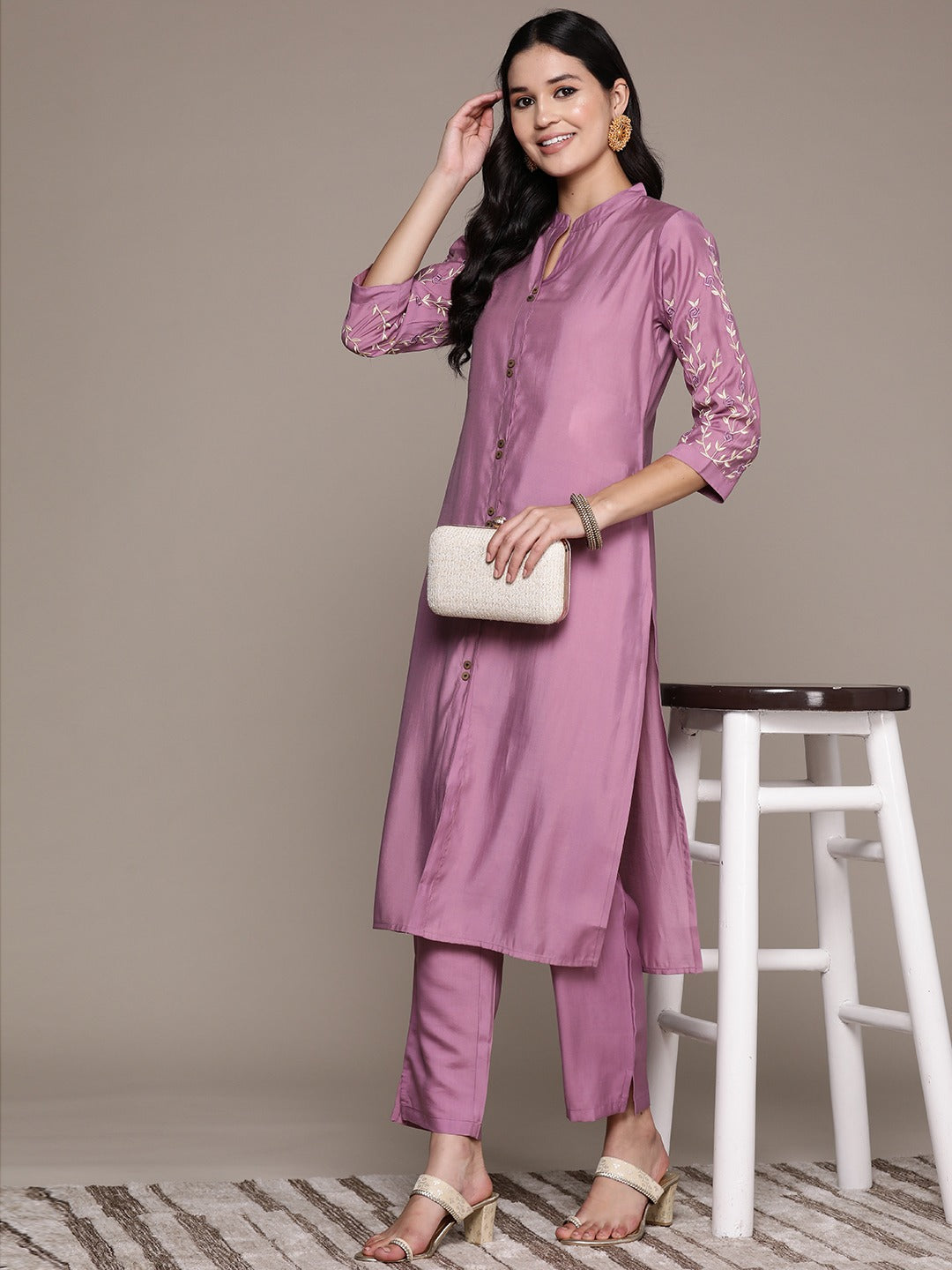 Straight Style Silk Fabric Mauve Color Kurta And Bottom