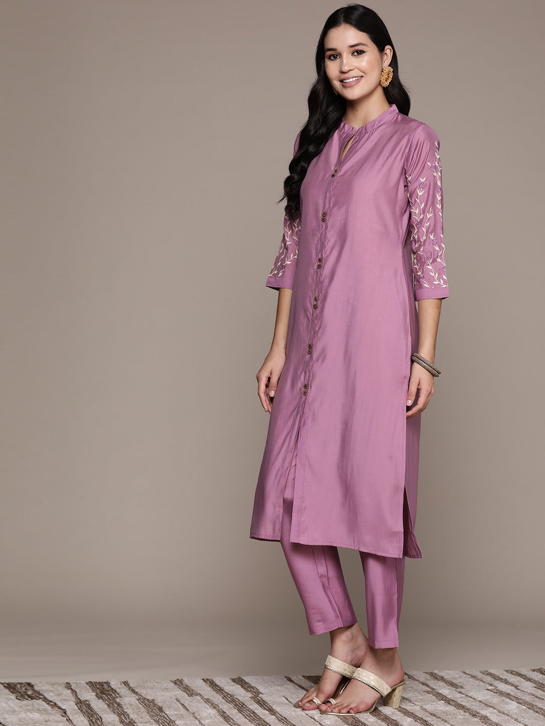 Straight Style Silk Fabric Mauve Color Kurta And Bottom