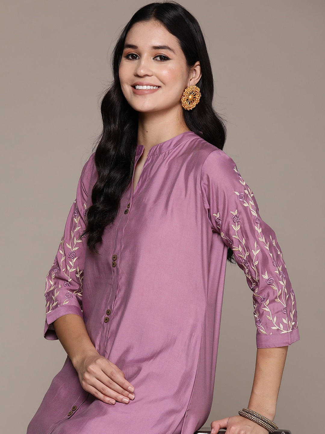 Straight Style Silk Fabric Mauve Color Kurta And Bottom