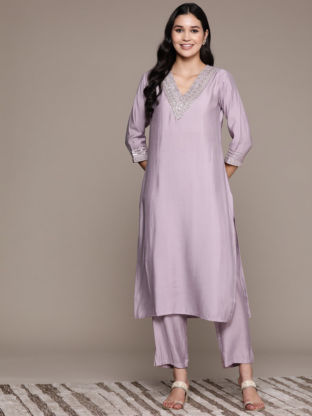 Straight Style Silk Fabric Mauve Color Kurta And Bottom