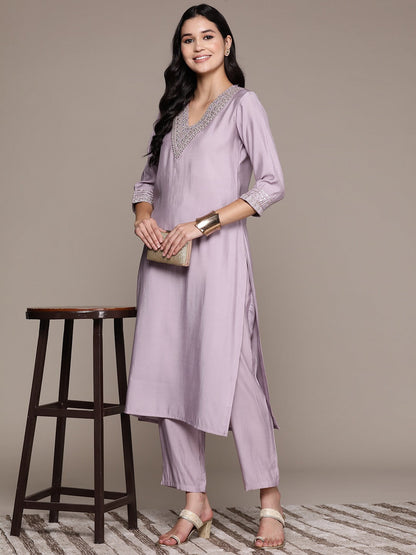 Straight Style Silk Fabric Mauve Color Kurta And Bottom