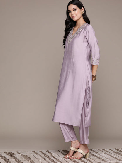 Straight Style Silk Fabric Mauve Color Kurta And Bottom