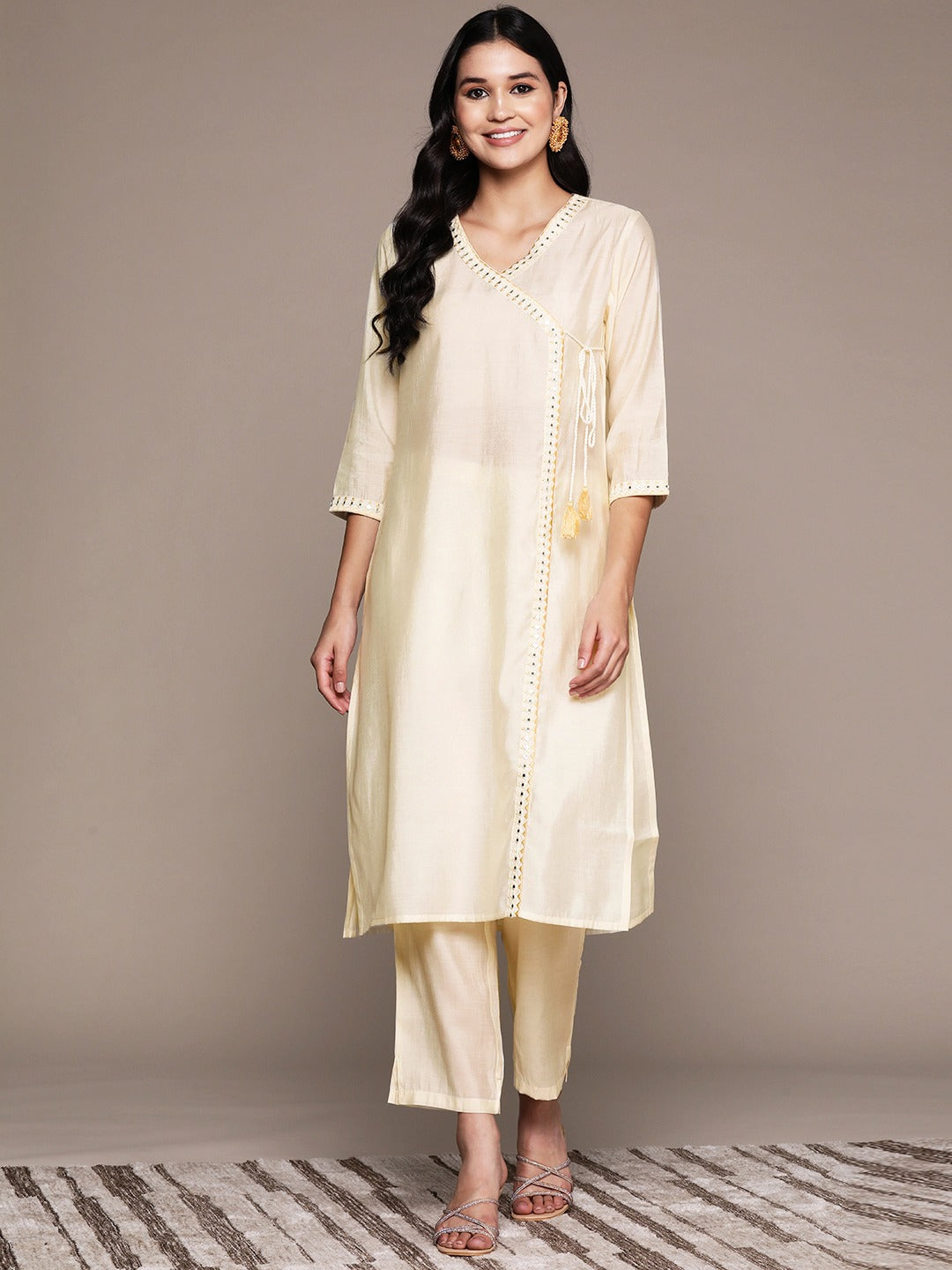 Straight Style Silk Fabric Cream Color Kurta And Bottom