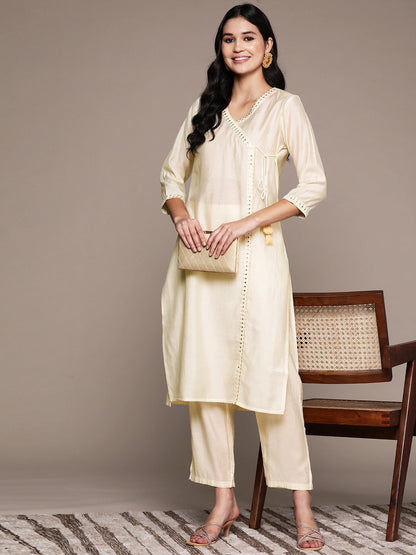 Straight Style Silk Fabric Cream Color Kurta And Bottom