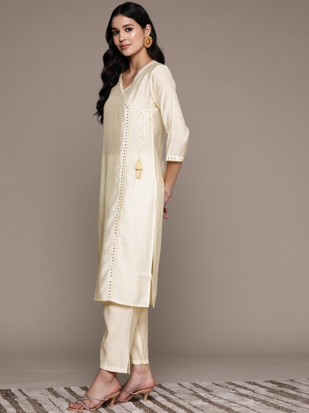 Straight Style Silk Fabric Cream Color Kurta And Bottom