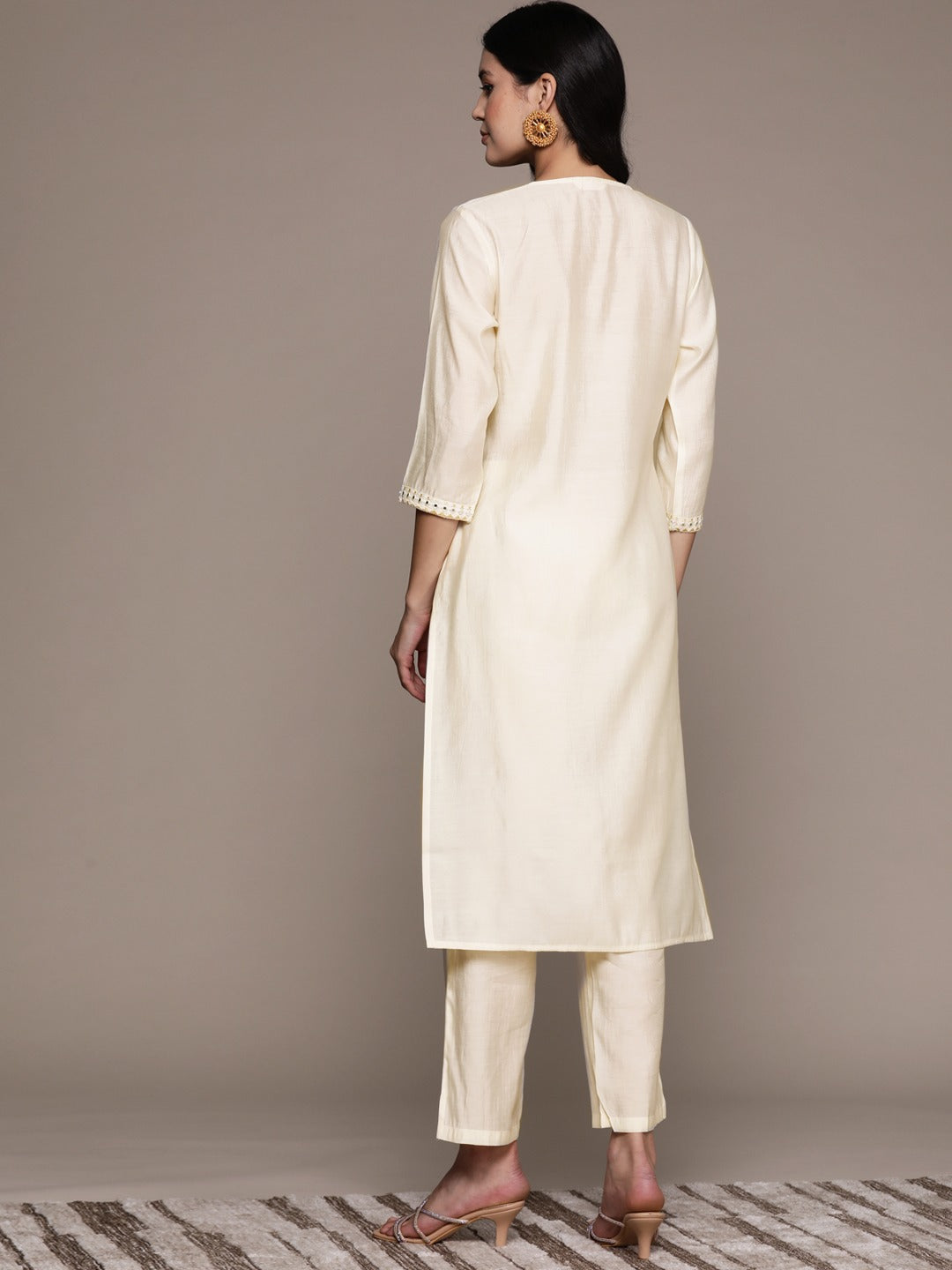 Straight Style Silk Fabric Cream Color Kurta And Bottom